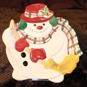 Fitz and Floyd "Plaid Christmas Snowman Canape Plate In Original  Box - 10"x8"